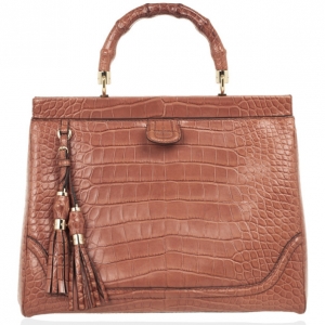 Pre Owned Gucci Brown Bold Bamboo Pink Crocodile Top Handle Bag