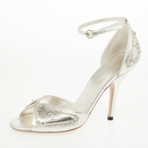 Pre Owned Gucci Silver Guccissima Ankle Strap Sandals Size 36.5
