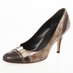 Pre Owned Gucci Beige Crystal Guccissima Cap Toe Bow Pumps Size 37