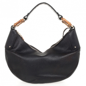Pre Owned Gucci Black Leather Bamboo Ring Medium Hobo