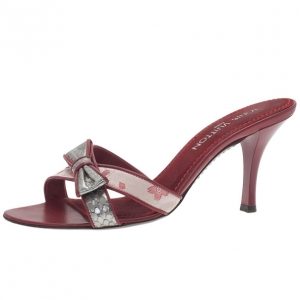 Pre Owned Louis Vuitton Red Monogram Satin Cherry Blossom Slides Size 39