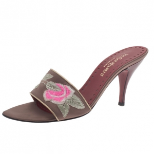 Pre Owned Saint Laurent Paris Brown Satin Embroidered Slides Size 38.5