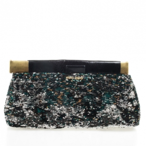 Pre Owned Miu Miu Black Sequined Leather Clutch