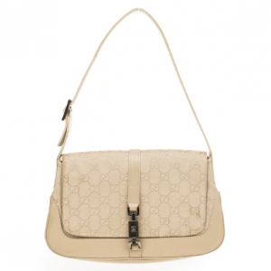 Pre Owned Gucci Beige Canvas 'Jackie-O' Flap Small Shoulder Handbag