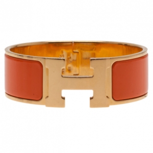 Pre Owned Hermes Clic Clac H Wide Gold-Plated Orange Enamel Bracelet PM