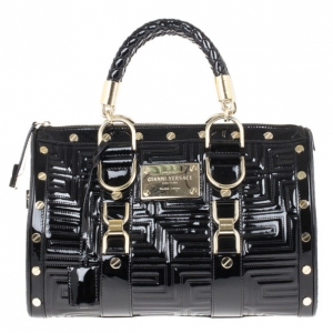 Pre Owned Versace Black Patent Quilted Snap Out Of It Satchel