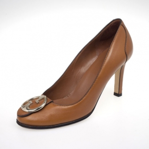 Pre Owned Gucci Ginger Leather 'Barbra' Low Heel Pumps Size 37.5
