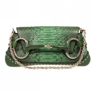 Pre Owned Gucci Green Python Horsebit Evening Bag
