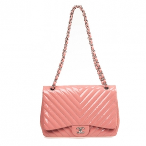 Pre Owned Chanel Pink Patent Jumbo Chevron Flap Bag