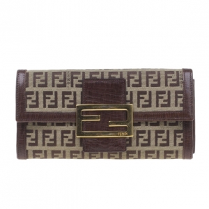 Pre Owned Fendi Brown Leather Trim Zucca Continental Wallet