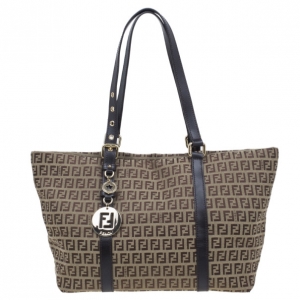 Pre Owned Fendi Brown Zucchino Canvas Charm Detail Large Tote
