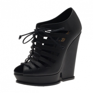 Pre Owned Saint Laurent Paris Black Leather Cut Out Hortense Wedge Booties Size 35.5