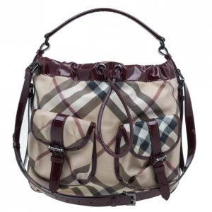 Pre Owned Burberry Maroon Patent Nova Check Drawstring Hobo