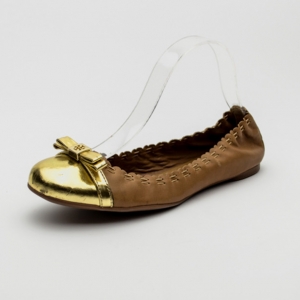 Pre Owned Tory Burch Brown Leather Eddie Logo Bow Metallic Toe Cap Ballerinas Size 40