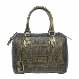 Pre Owned Fendi Zucca Leather Gold Palazzo Print Boston