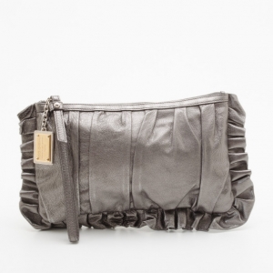 Pre Owned Dolce and Gabbana Silver Pleated Leather Ruffle Zip Clutch