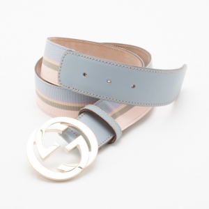 Pre Owned Gucci Blue and Tan Twill 'GG' Buckle Belt