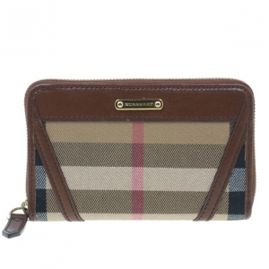 Pre Owned Burberry Brown Check Canvas Ziggy Zip Continental Wallet