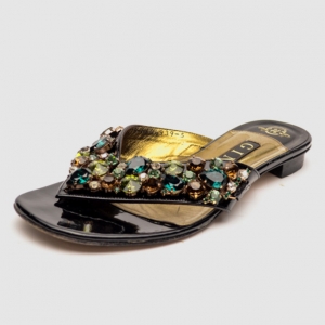 Pre Owned Gina Black Patent Emerald Flat Slides Size 38