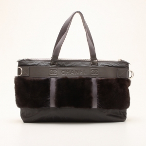 Pre Owned Chanel Large Grey Mink Fur and Leather Logo Tote