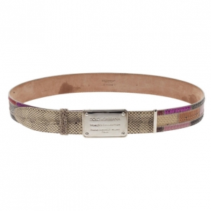 Pre Owned Dolce and Gabbana Python Patchwork Logo Plaque Belt 90CM