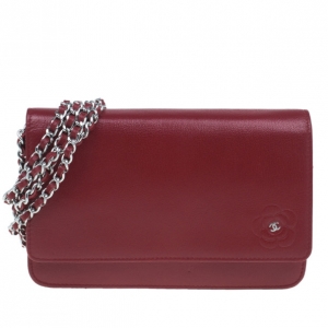 Pre Owned Chanel Red Leather Wallet on Chain Camellia Shoulder Bag