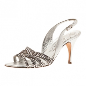 Pre Owned Gina Silver Crystal Slingback Sandals Size 38