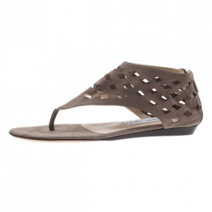 Pre Owned Jimmy Choo Beige Suede Cutout Gladiator Flat Sandals Size 37.5