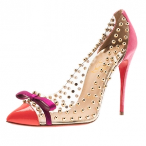 Pre Owned Christian Louboutin Studded PVC Bille Et Boule Bow Pumps Size 38.5