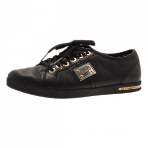 Pre Owned Dolce and Gabbana Black Leather Logo Plaque Sneakers Size 37.5