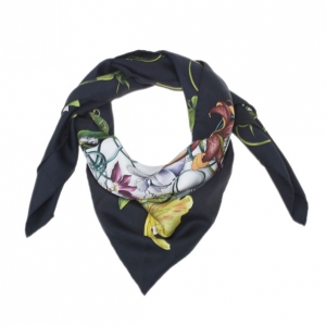 Pre Owned Gucci Black and White Silk Floral Square Scarf