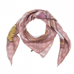 Pre Owned Gucci Pink Tassel Print GG Silk Square Scarf