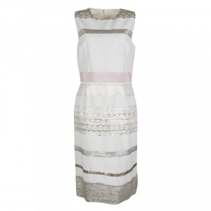 Giambattista Valli Off White Striped Lurex Jacquard Detail Sleeveless Dress M