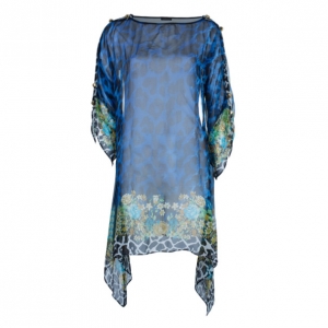 Pre Owned Versace Blue Animal Floral Silk Top M