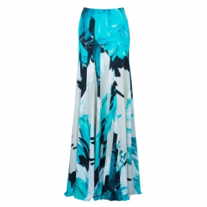 Pre Owned Roberto Cavalli Blue Tonal Silk Maxi Skirt M