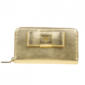 Pre Owned Prada Gold Saffiano Bow Zip-Around Wallet