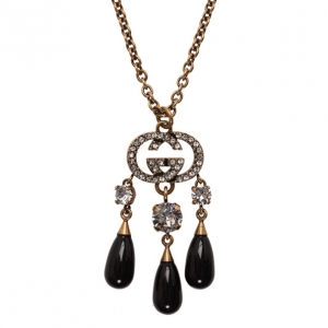 Pre Owned Gucci White Crystals and Black Glass Drops Pendant Necklace