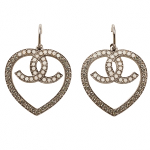 Pre Owned Chanel Heart Crystal Silver-Tone Earrings