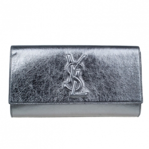 Pre Owned Saint Laurent Paris Silver Patent Belle De Jour Flap Clutch