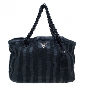 Pre Owned Prada Black Nylon and Leather Chain Tote