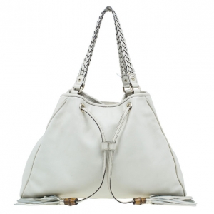 Pre Owned Gucci White Leather Peggy Large Drawstring Tote