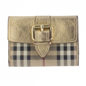 Pre Owned Burberry Gold Nova Haymarket Check Compact Wallet