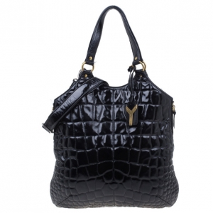 Pre Owned Saint Laurent Paris Black Quilted Patent Leather Tribute Shoulder Bag