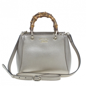 Pre Owned Gucci Metallic Silver Leather Mini Bamboo Top Handle Bag