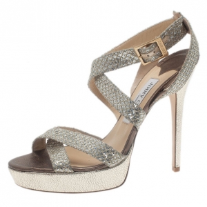 Pre Owned Jimmy Choo Silver Glitter Vamp Platform Sandals Size 39