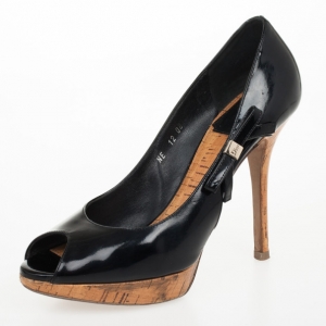 Pre Owned Christian Dior Black Patent Leather 'Starlet' Peep Toe Pumps Size 37