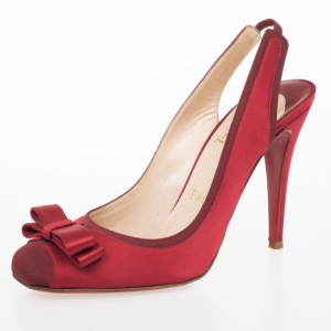 Pre Owned Christian Louboutin Red Satin 'Nooka' Slingback Sandals Size 39