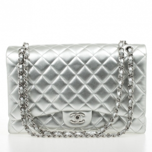 Pre Owned Chanel Silver Lambskin Maxi Flap