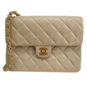 Pre Owned Chanel Beige Lambskin Matelasse Chain Shoulder Bag