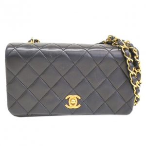 Pre Owned Chanel Black Lambskin Single Flap Chain Shoulder Bag